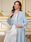 Muslim Ramadan Festival Outfit, Light Blue Cardigan with White V-Neck Inner Skirt Two-Piece Set, Women's Robe with Waist Tie, Placket, Cuffs, and Silver Lace Trim