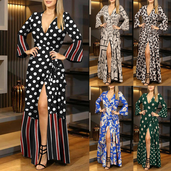 Women Sexy V-Neck Long Sleeve Lace-up Boho Casual Vintage Female Oversize Maxi Dress